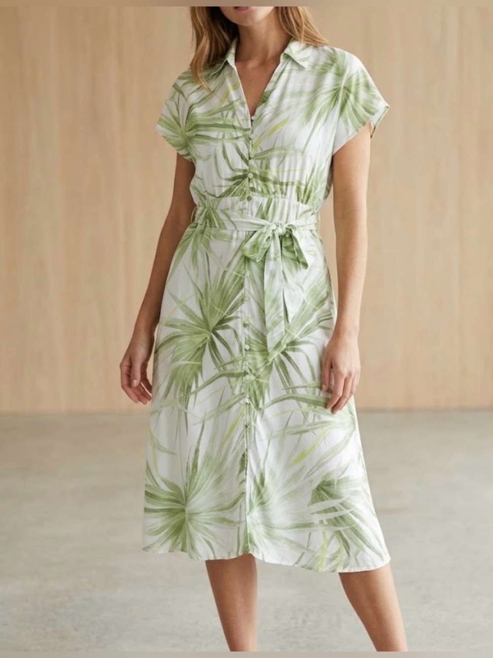 H&M Tropical Green Palm Leaf Midi Shirt Dress Belted Button Front Size M Resort